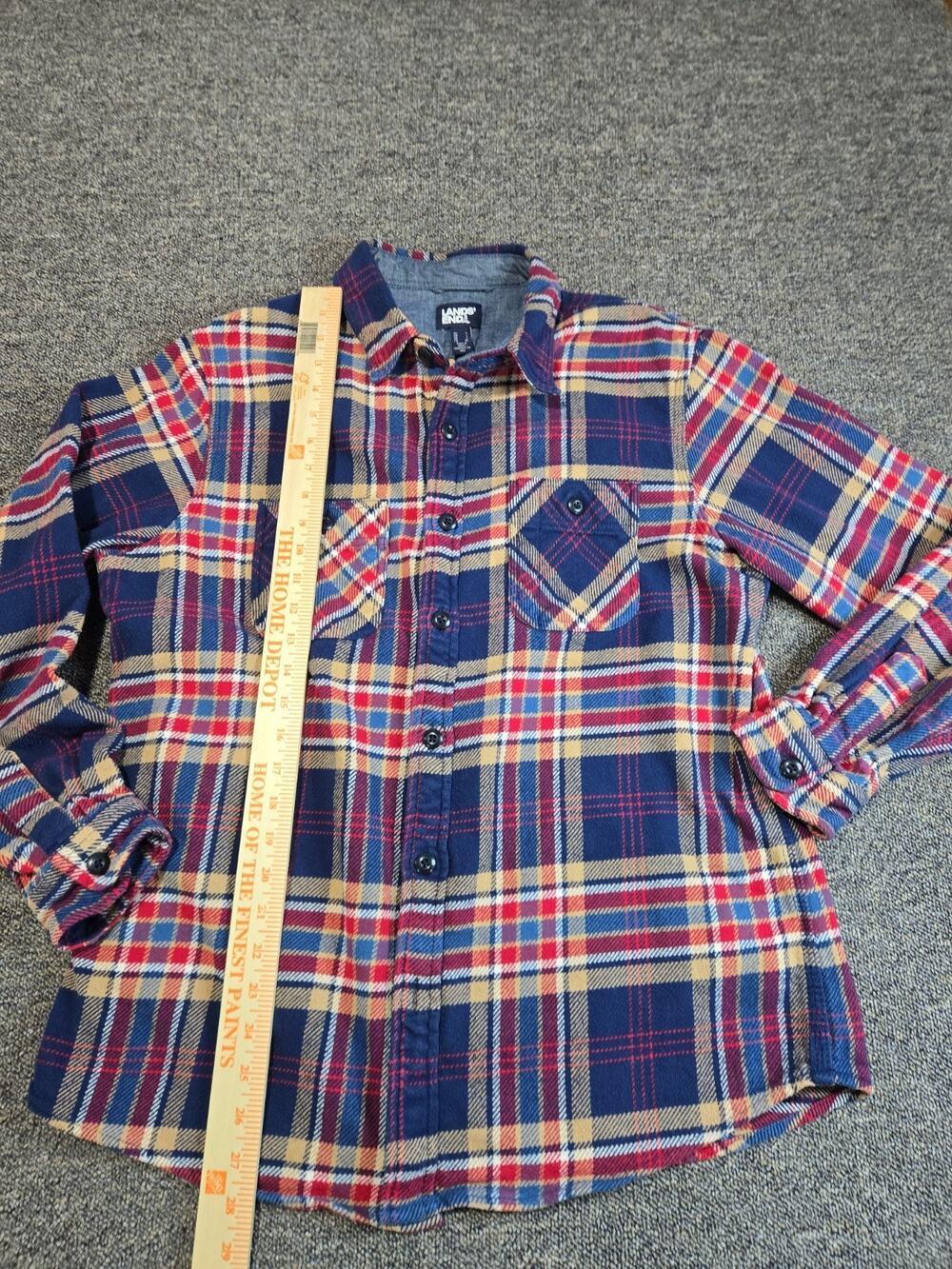 Lands End Heavy Weight Flannel Shirt Large Blue Red Brown Plaid